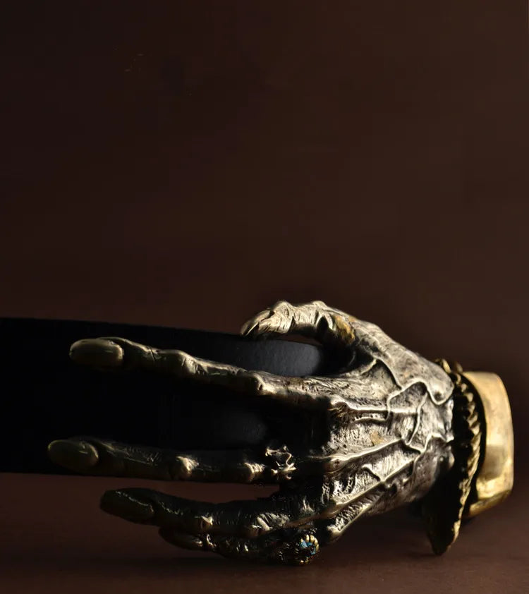 Solid Brass Skull Hand Belt Buckle