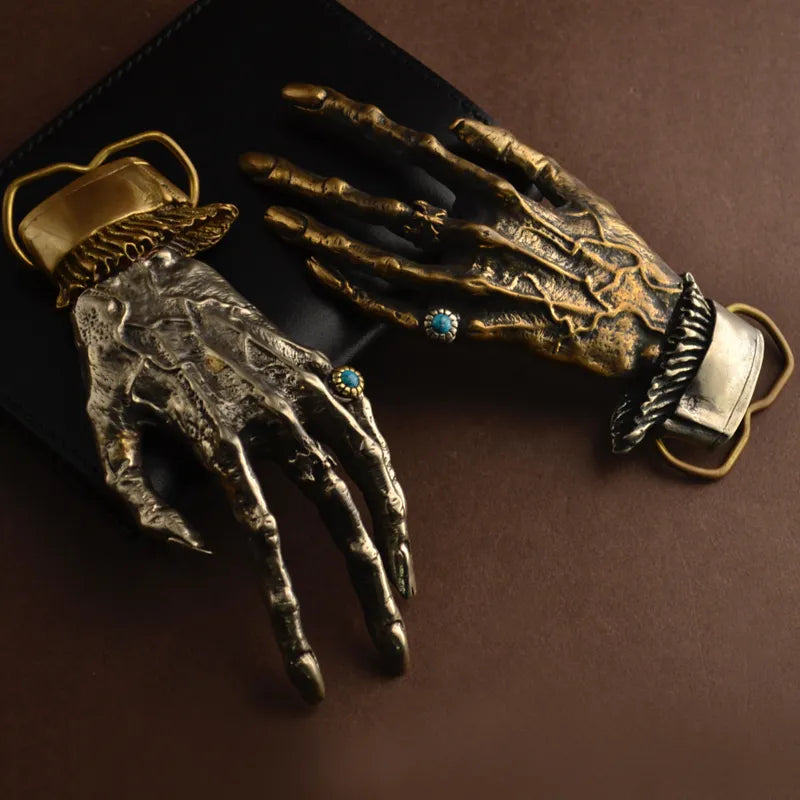 Solid Brass Skull Hand Belt Buckle