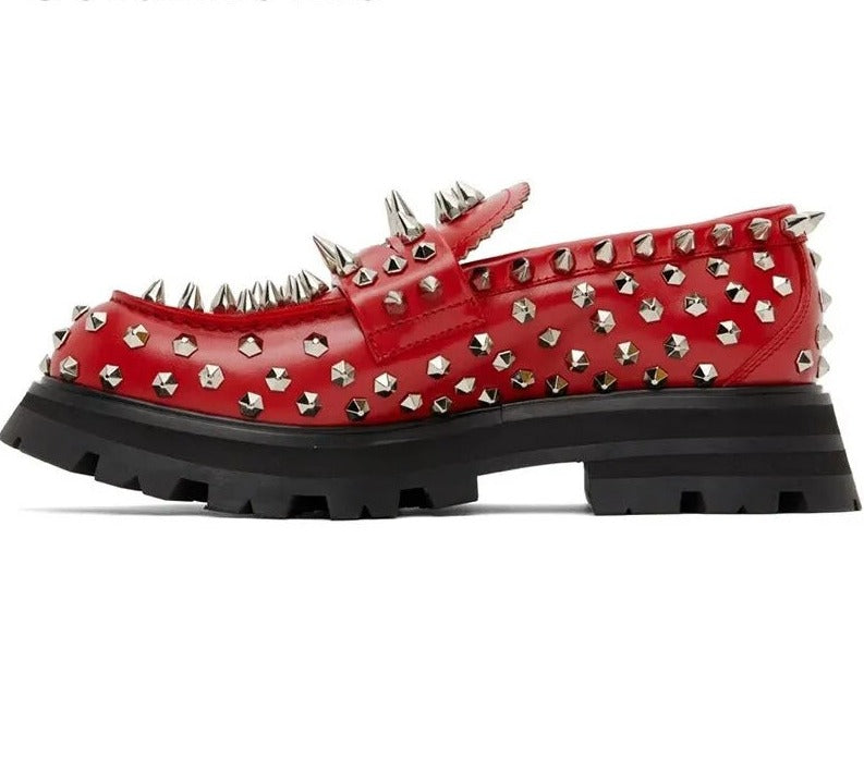 Spike Studded Red Penny Combat Loafers