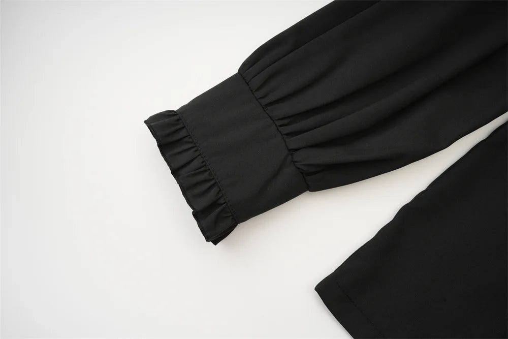 Victorian High-Neck Ruffle Blouse w/ Jabot+Brooch