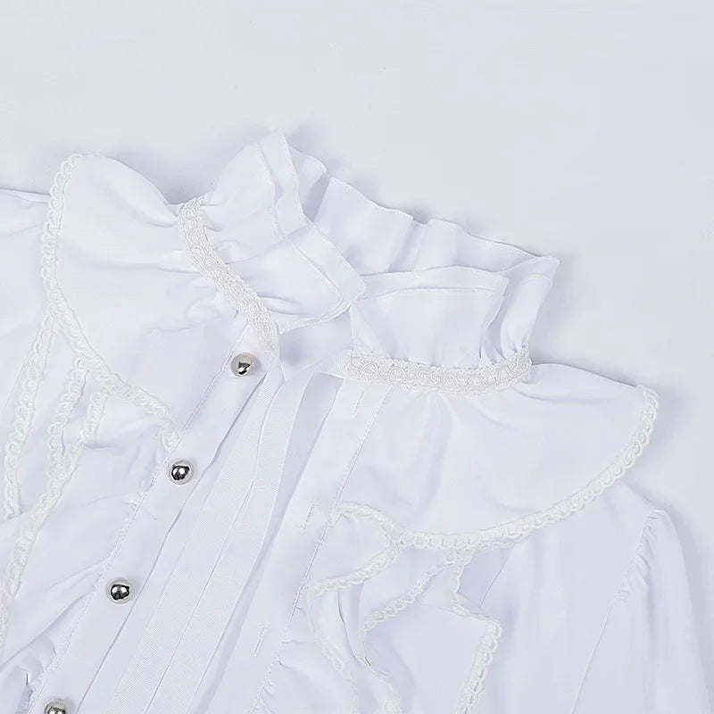 Victorian High-Neck Lace Jabot Blouse with Ruffle Collar