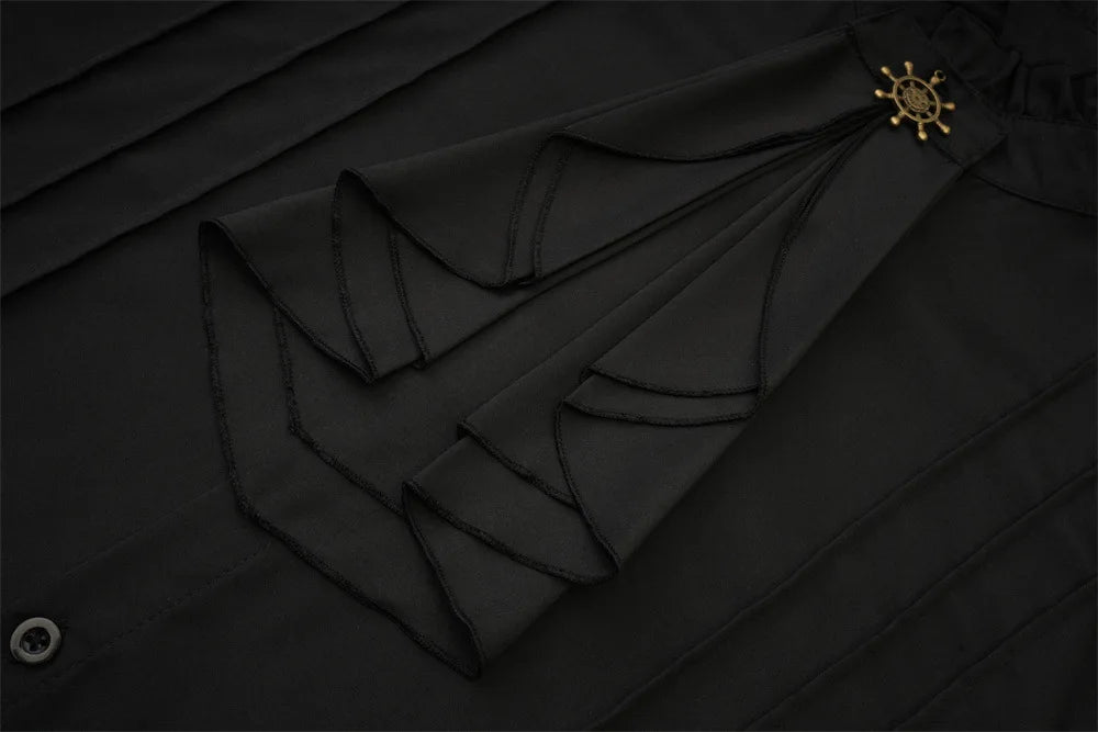 Victorian High-Neck Ruffle Blouse w/ Jabot+Brooch