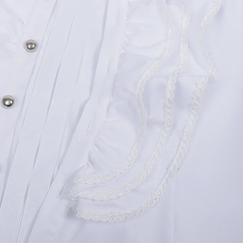 Victorian High-Neck Lace Jabot Blouse with Ruffle Collar