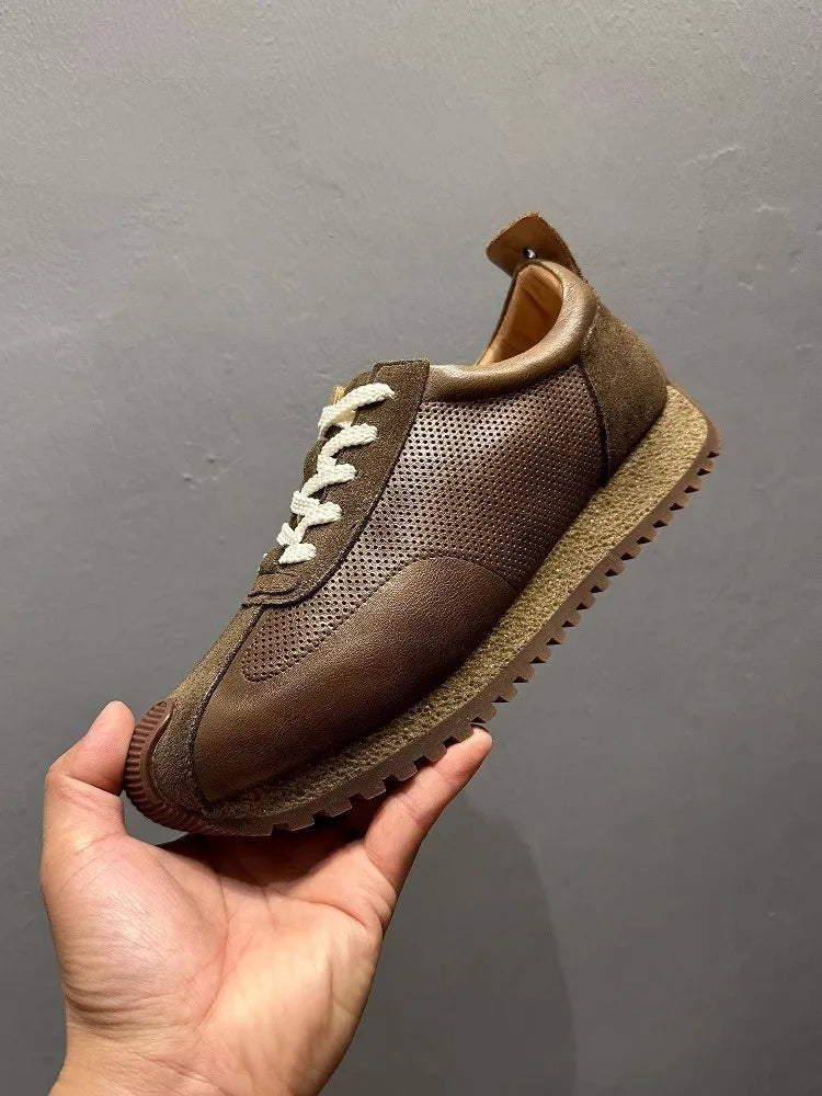 Leather Spliced Lace Up Sneakers