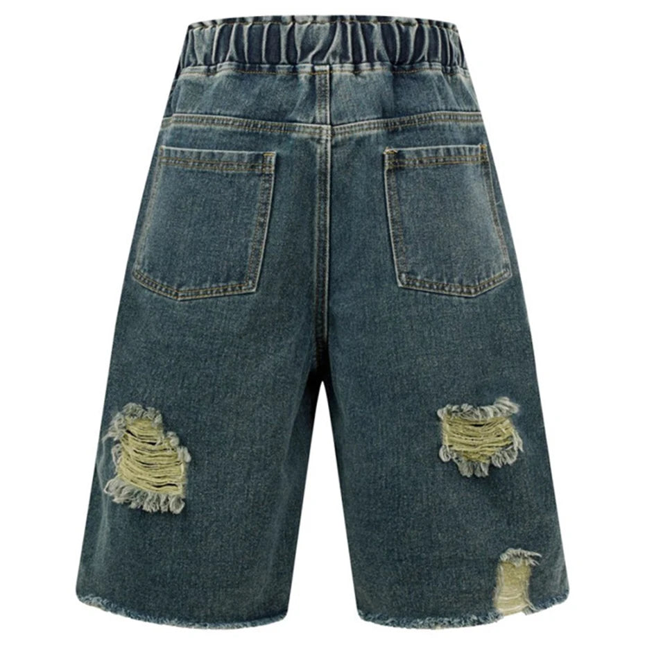 Ripped Denim Wide Leg Jeans Shorts