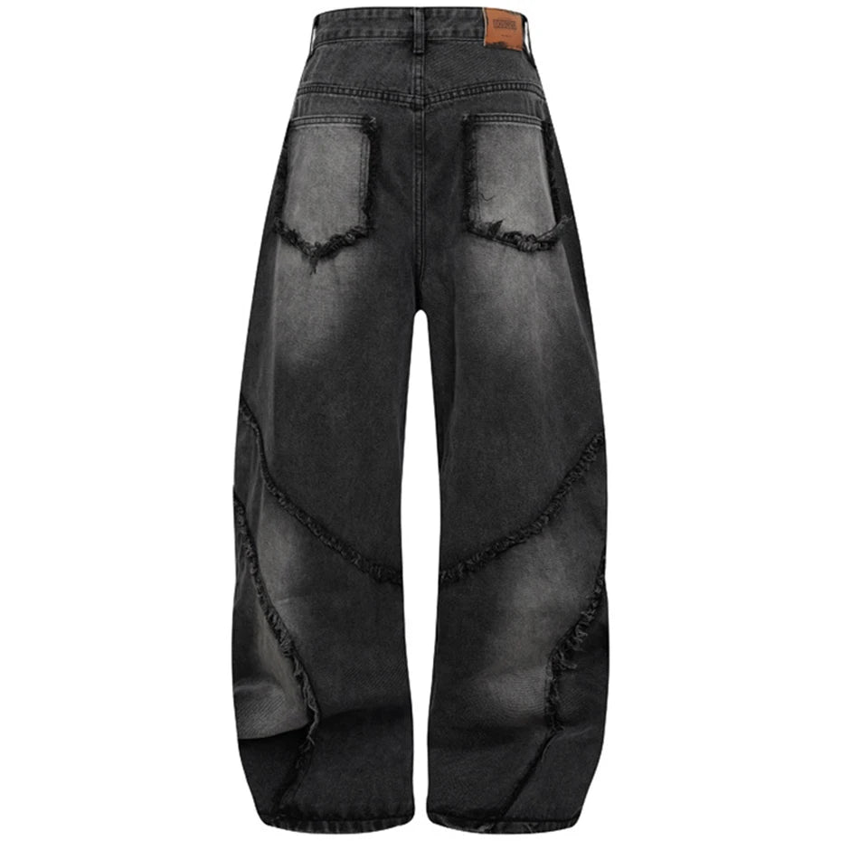 Black Distressed Wide-Leg Patchwork Jeans