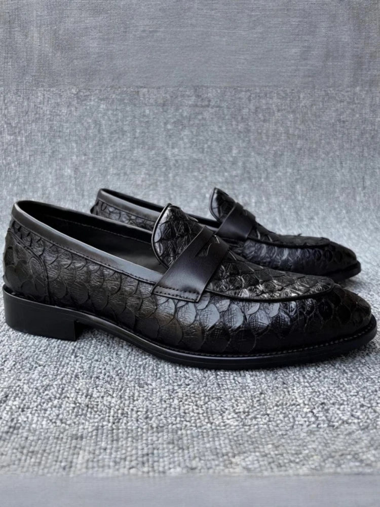 Black Textured Leather Loafers