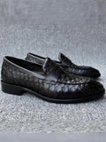 Black Textured Leather Loafers