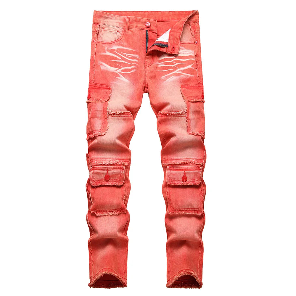 Red Distressed Cargo Jeans