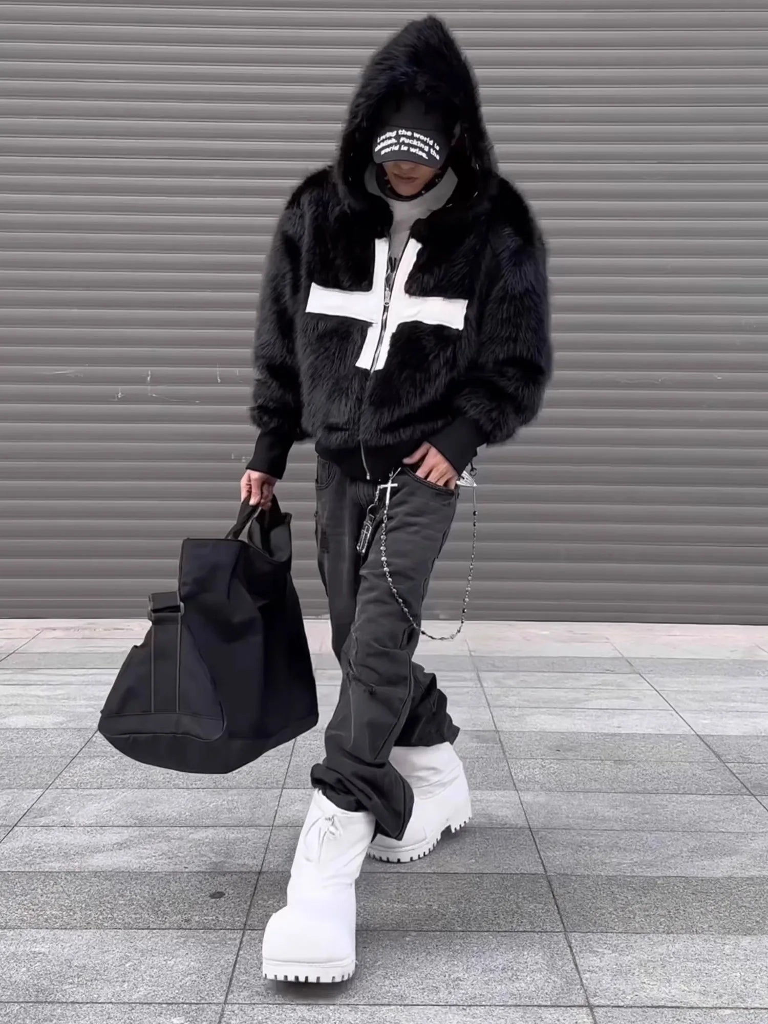 Black Faux Fur Cross Hoodie