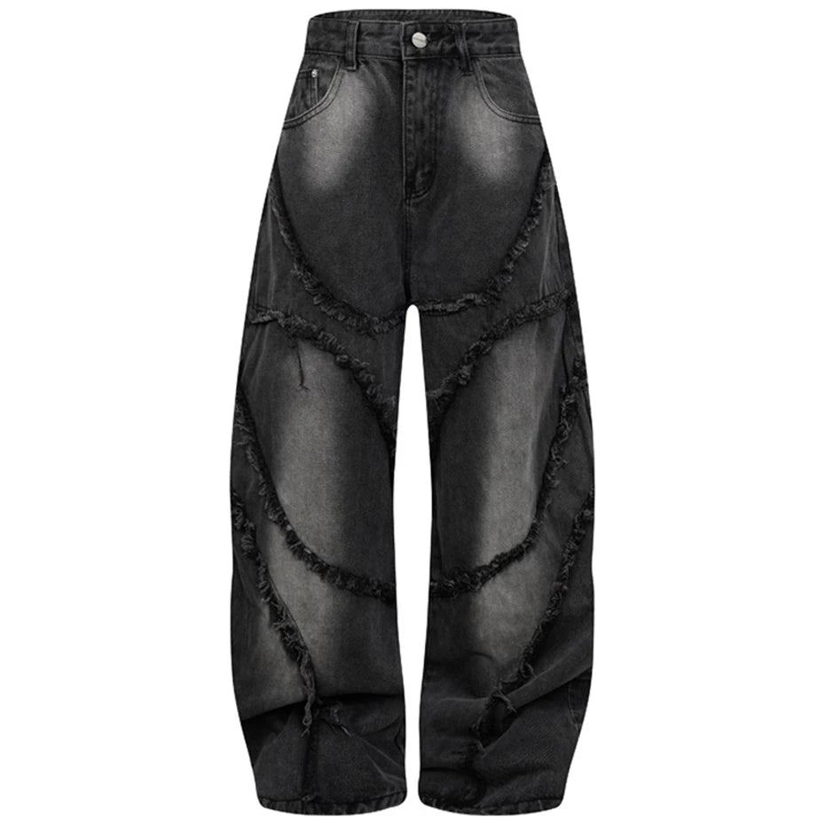Black Distressed Wide-Leg Patchwork Jeans