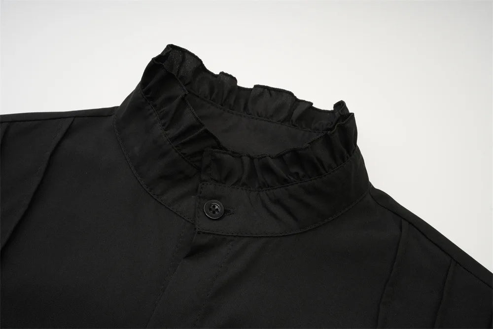Victorian High-Neck Ruffle Blouse w/ Jabot+Brooch