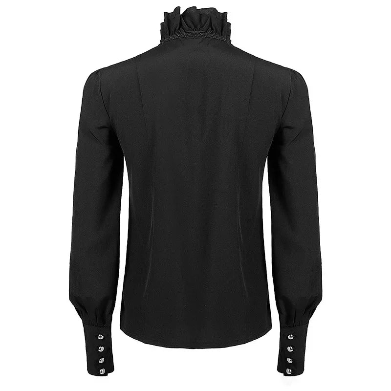 Victorian High-Neck Lace Jabot Blouse with Ruffle Collar
