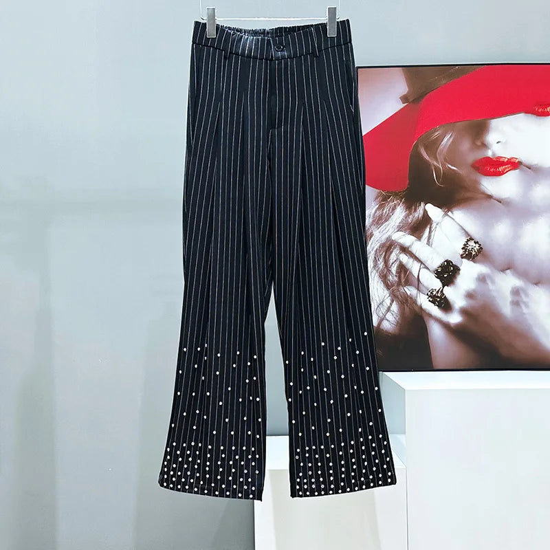 Pleated Striped Loose Crystal Flare Trousers