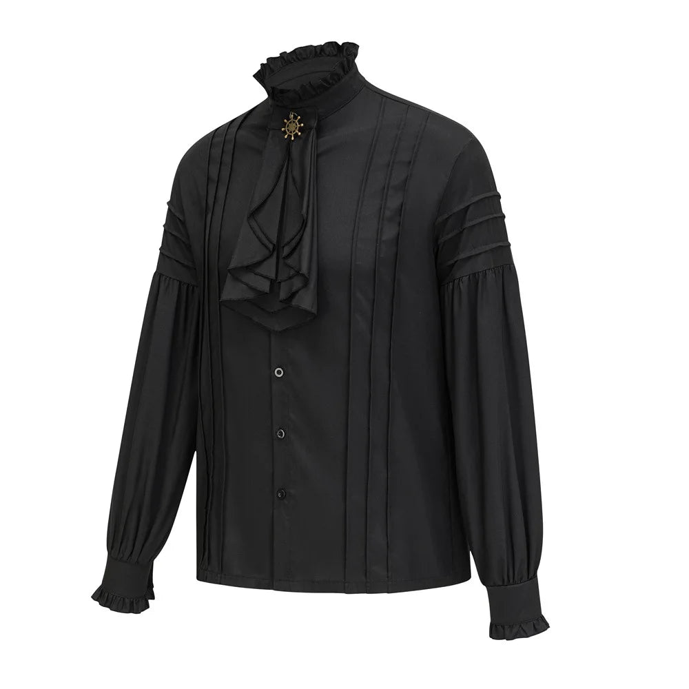 Victorian High-Neck Ruffle Blouse w/ Jabot+Brooch