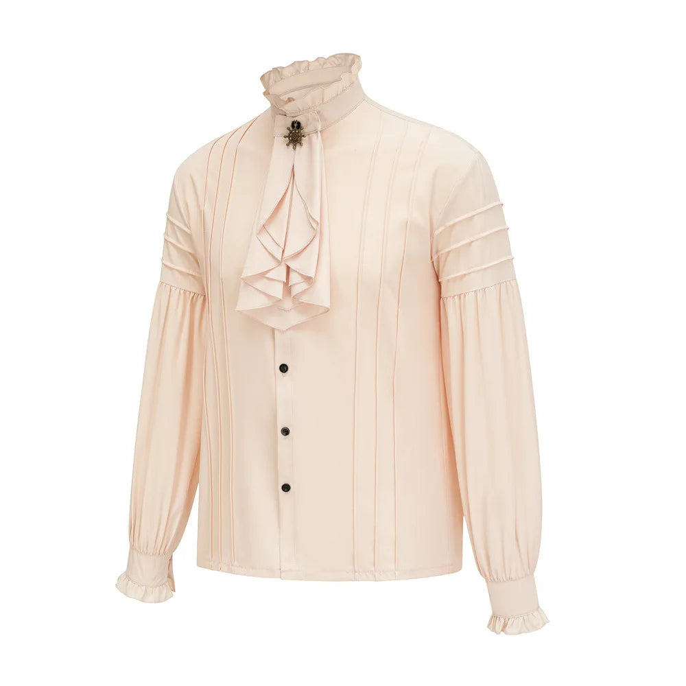 Victorian High-Neck Ruffle Blouse w/ Jabot+Brooch