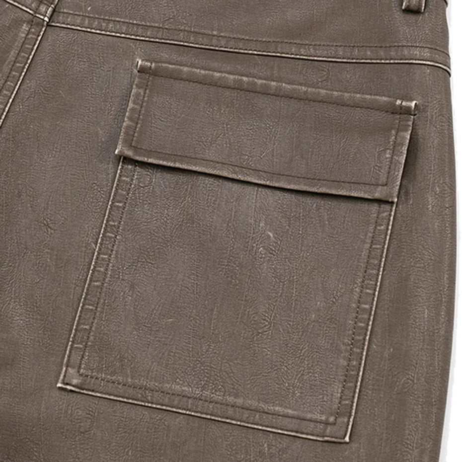 Brown Faux Leather Utility Shorts