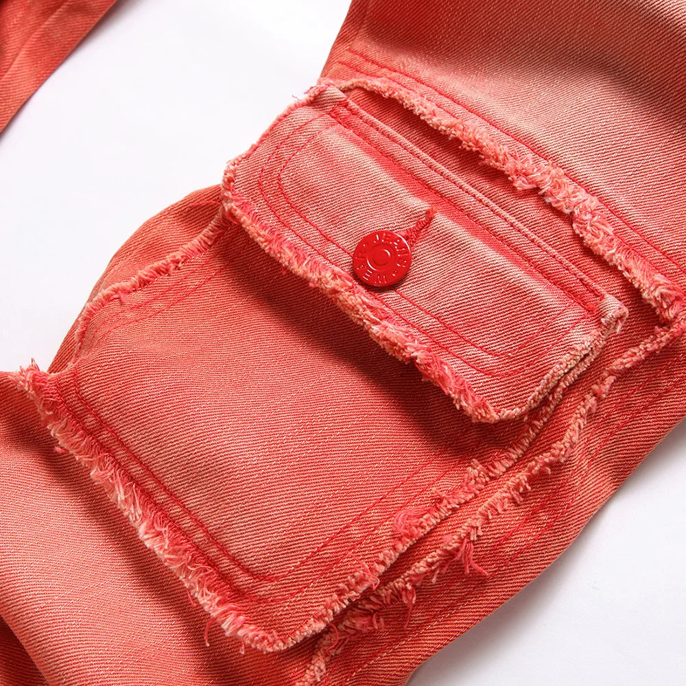 Red Distressed Cargo Jeans