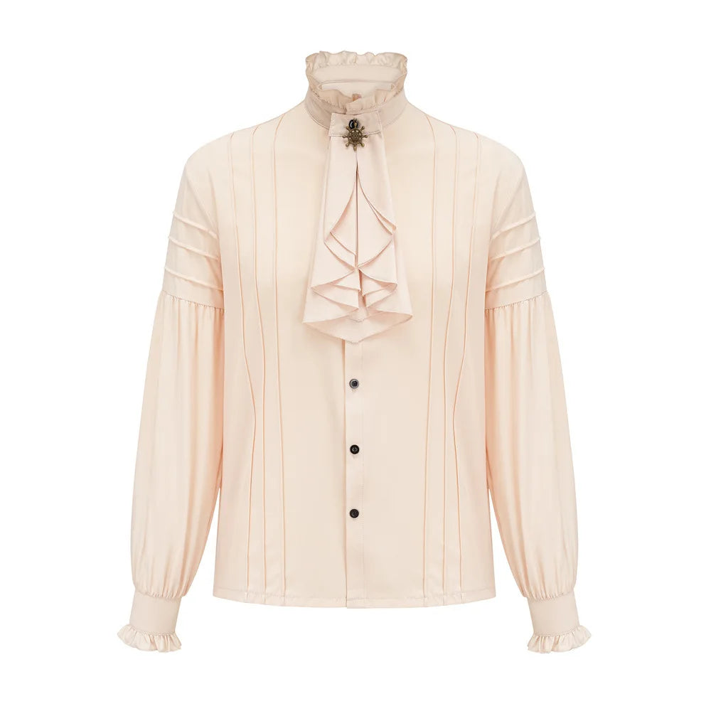 Victorian High-Neck Ruffle Blouse w/ Jabot+Brooch