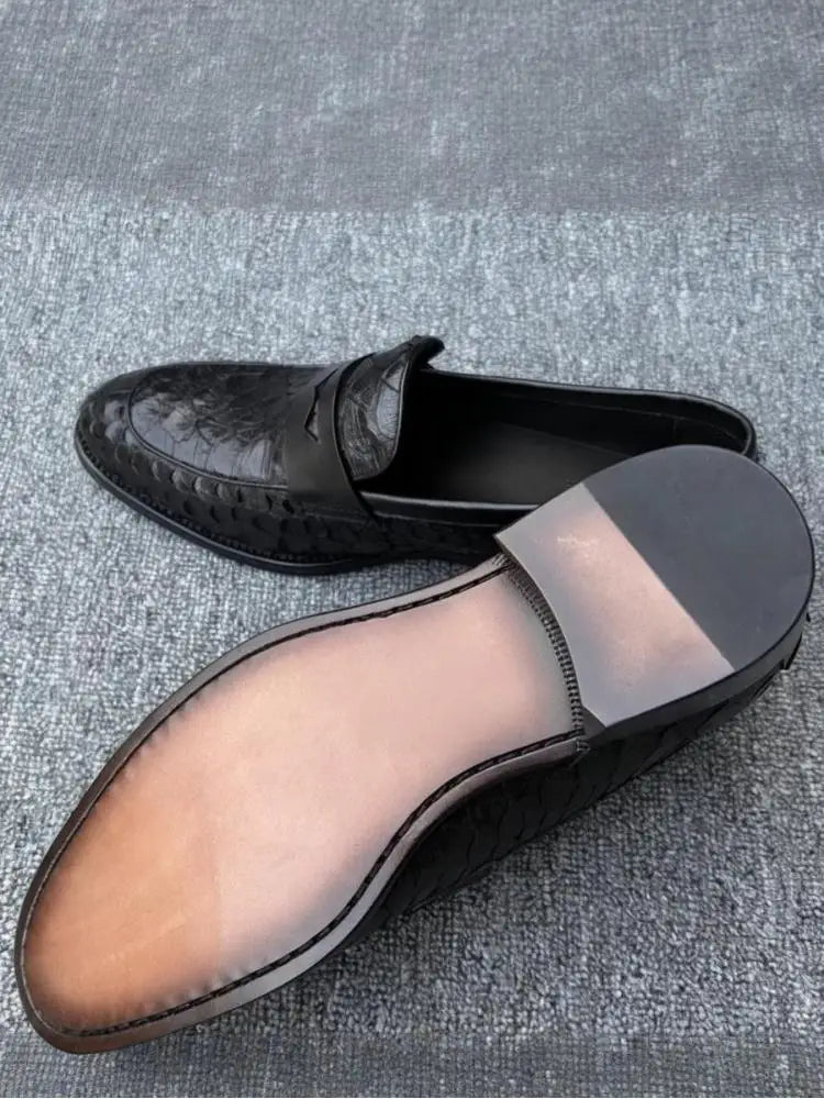 Black Textured Leather Loafers