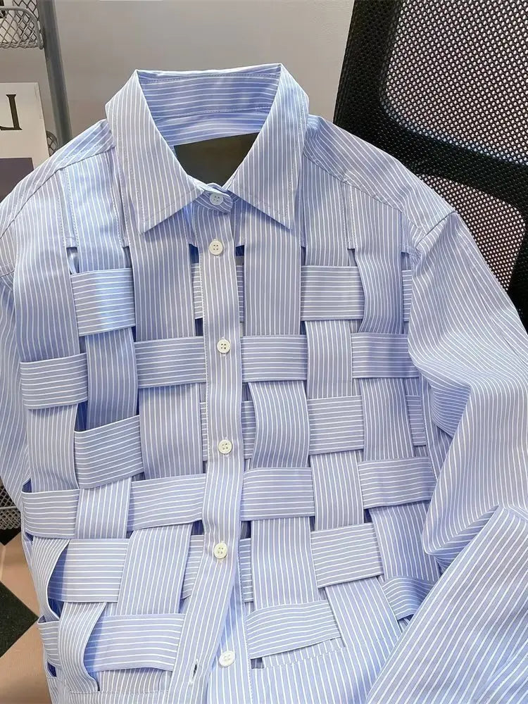 Weaved Blue Striped Button Up