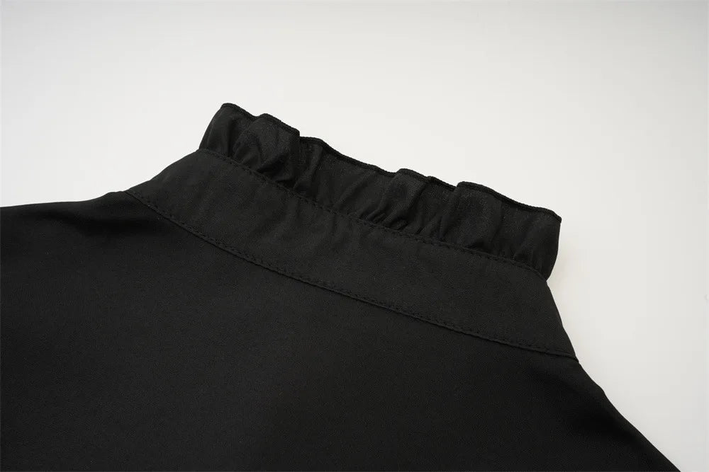 Victorian High-Neck Ruffle Blouse w/ Jabot+Brooch