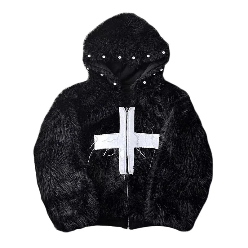 Black Faux Fur Cross Hoodie