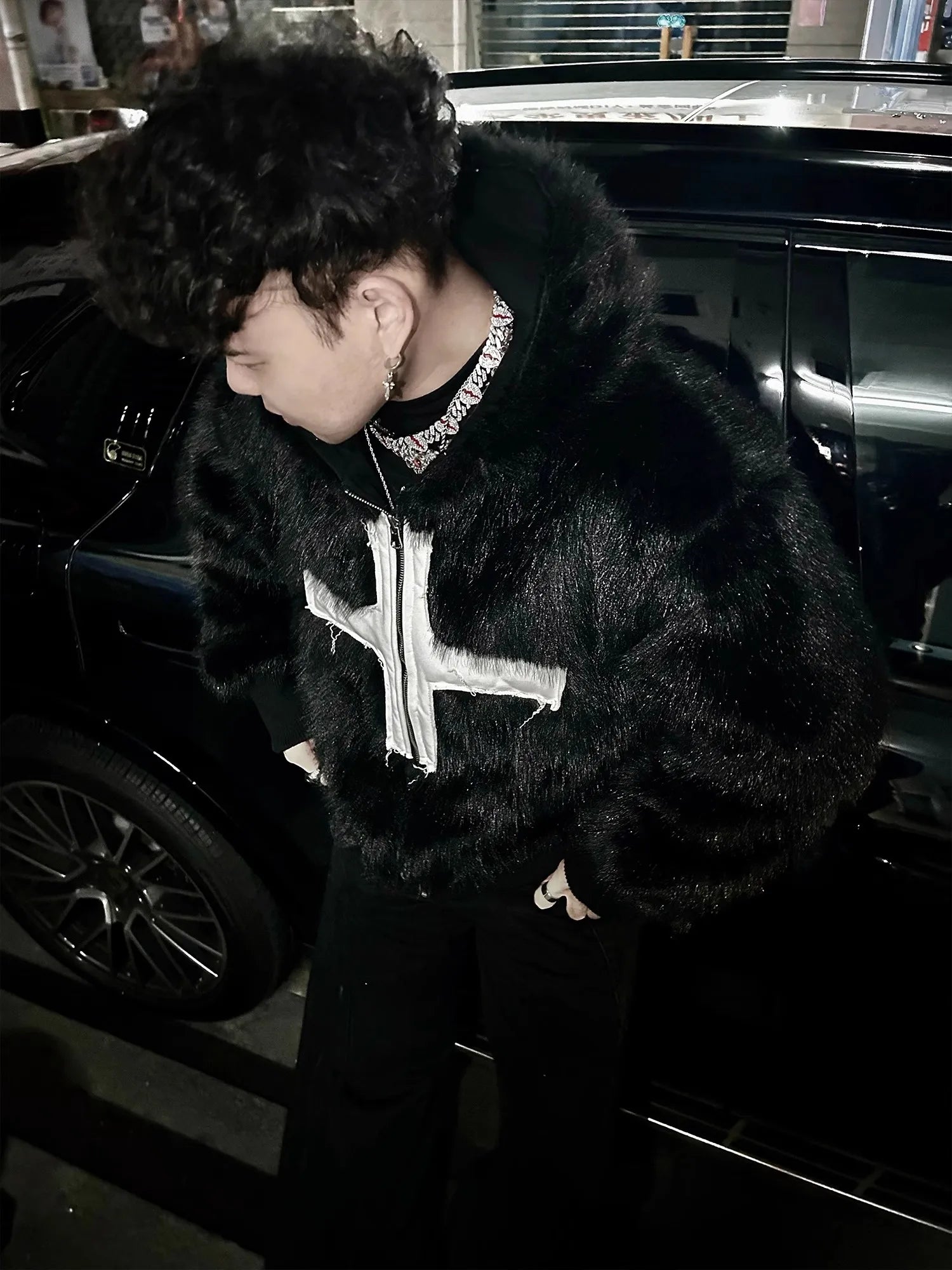 Black Faux Fur Cross Hoodie