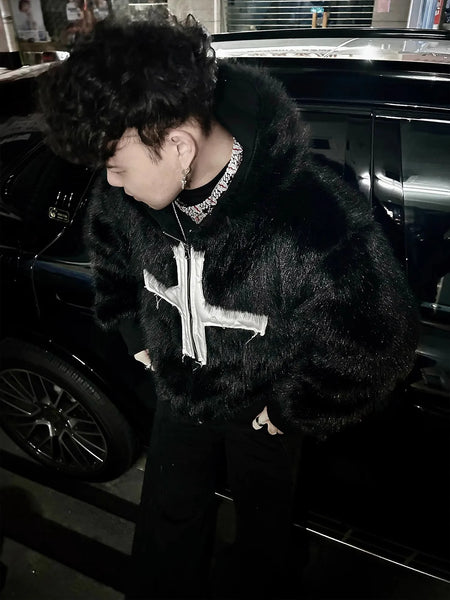 Black Faux Fur Cross Hoodie – limetliss Black Faux Fur Cross Hoodie – limetliss