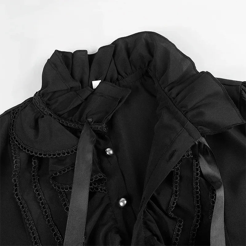 Victorian High-Neck Lace Jabot Blouse with Ruffle Collar