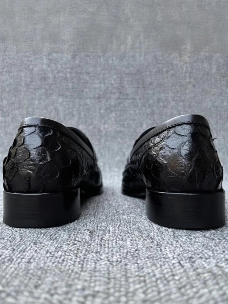 Black Textured Leather Loafers