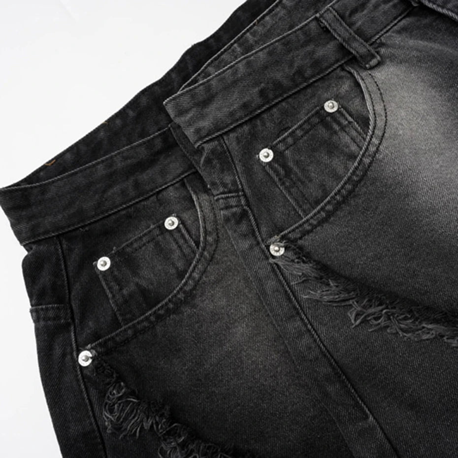 Black Distressed Wide-Leg Patchwork Jeans