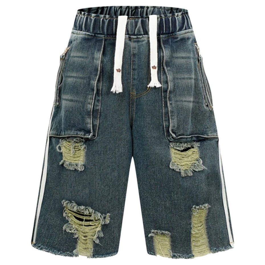 Ripped Denim Wide Leg Jeans Shorts