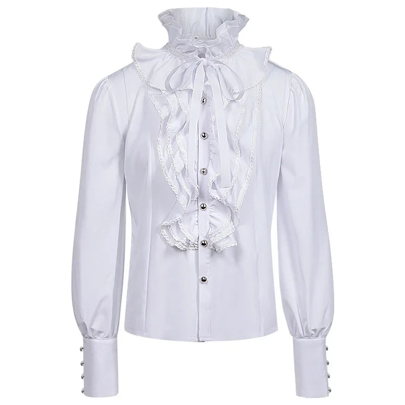 Victorian High-Neck Lace Jabot Blouse with Ruffle Collar