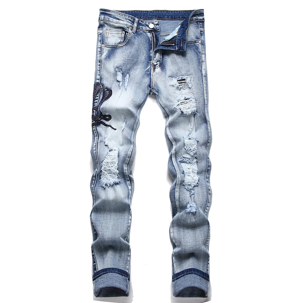 Snake Embroidered Ripped Denim Jeans