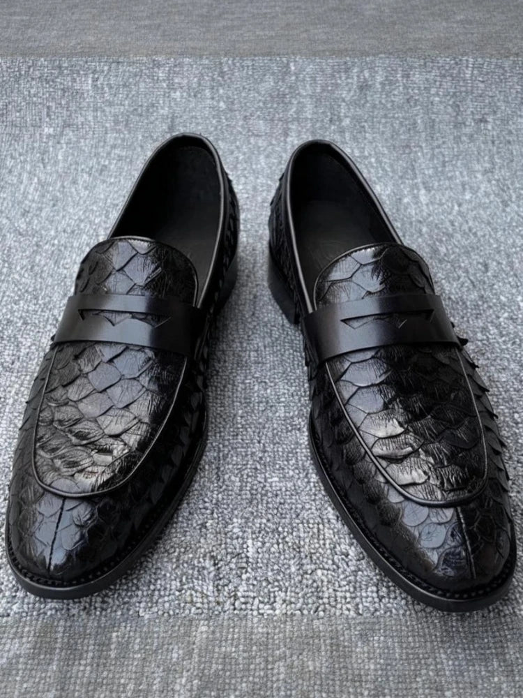 Black Textured Leather Loafers
