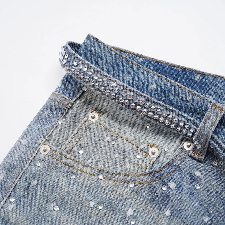 Rhinestone Washed Denim Jeans