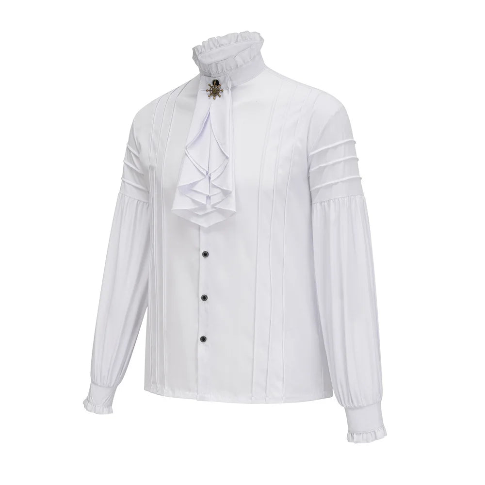 Victorian High-Neck Ruffle Blouse w/ Jabot+Brooch