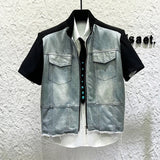 Denim Double Pocket Short Sleeve Zip Up Shirt
