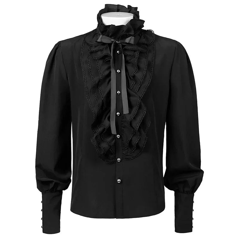 Victorian High-Neck Lace Jabot Blouse with Ruffle Collar