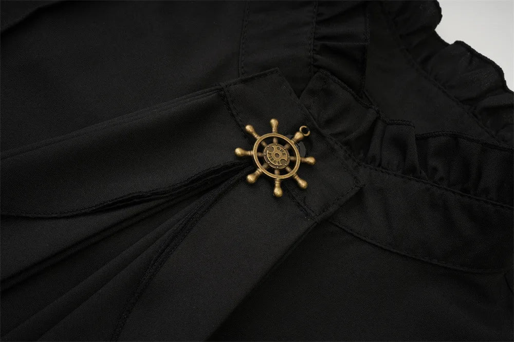 Victorian High-Neck Ruffle Blouse w/ Jabot+Brooch