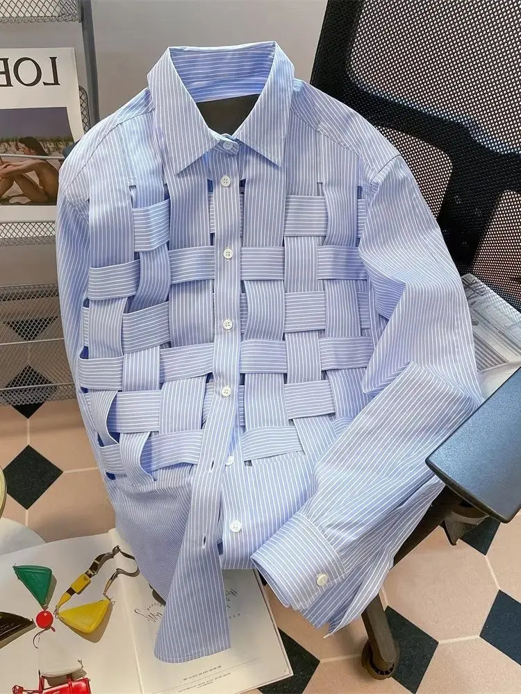 Weaved Blue Striped Button Up