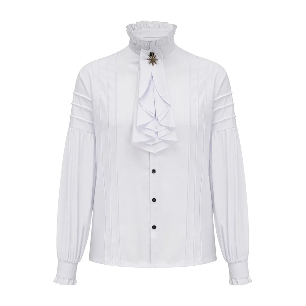 Victorian High-Neck Ruffle Blouse w/ Jabot+Brooch