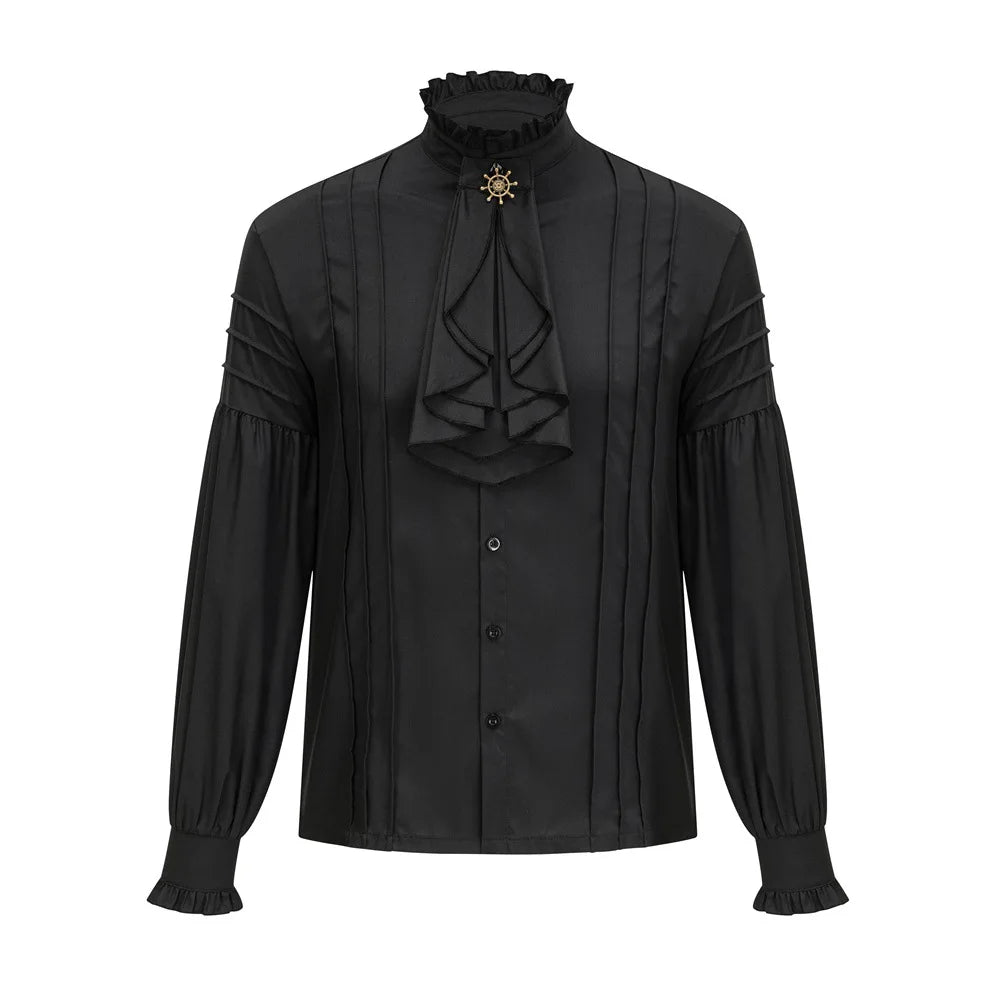 Victorian High-Neck Ruffle Blouse w/ Jabot+Brooch