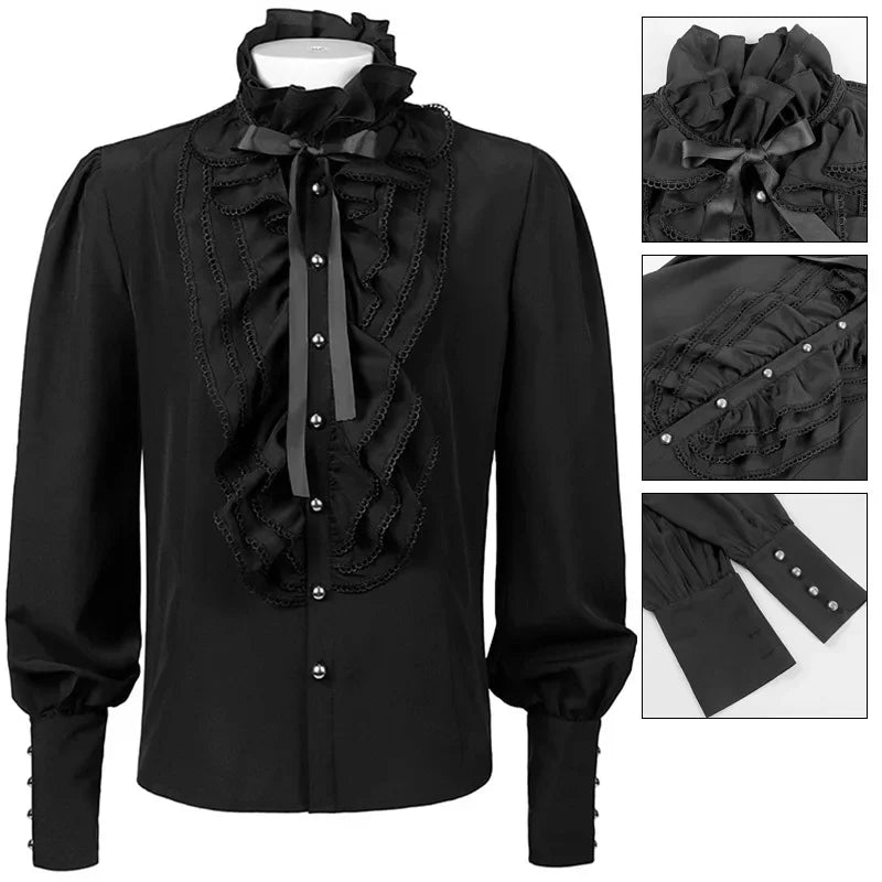 Victorian High-Neck Lace Jabot Blouse with Ruffle Collar