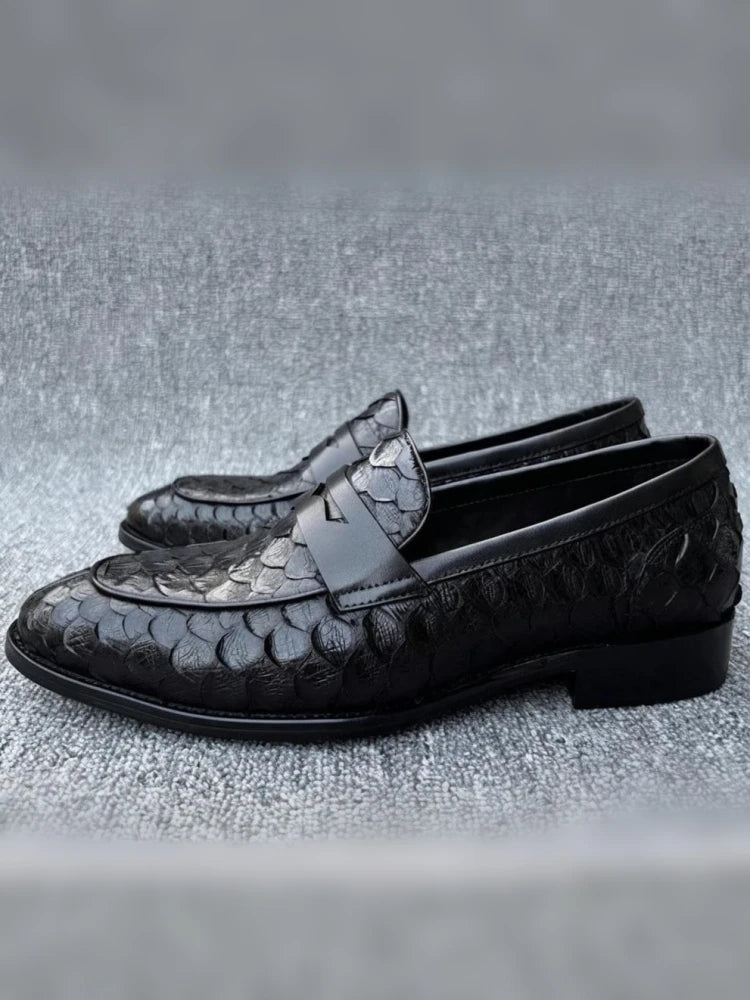 Black Textured Leather Loafers
