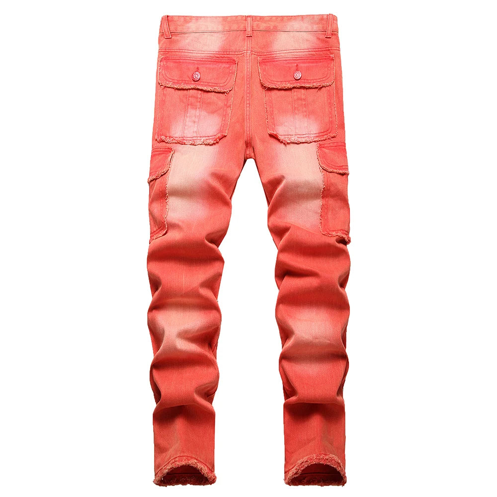 Red Distressed Cargo Jeans