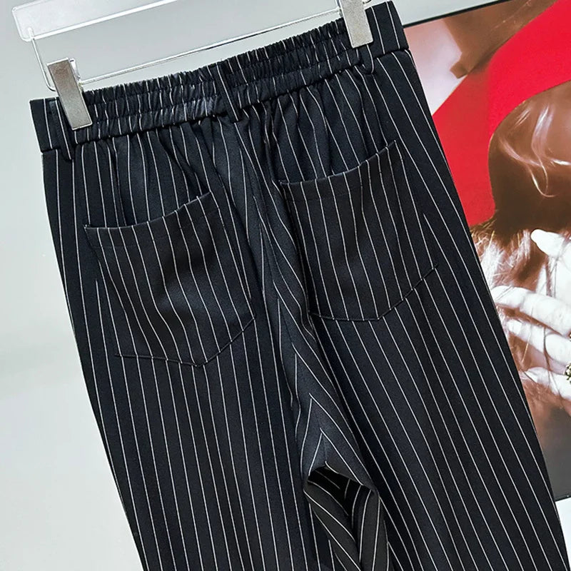Pleated Striped Loose Crystal Flare Trousers