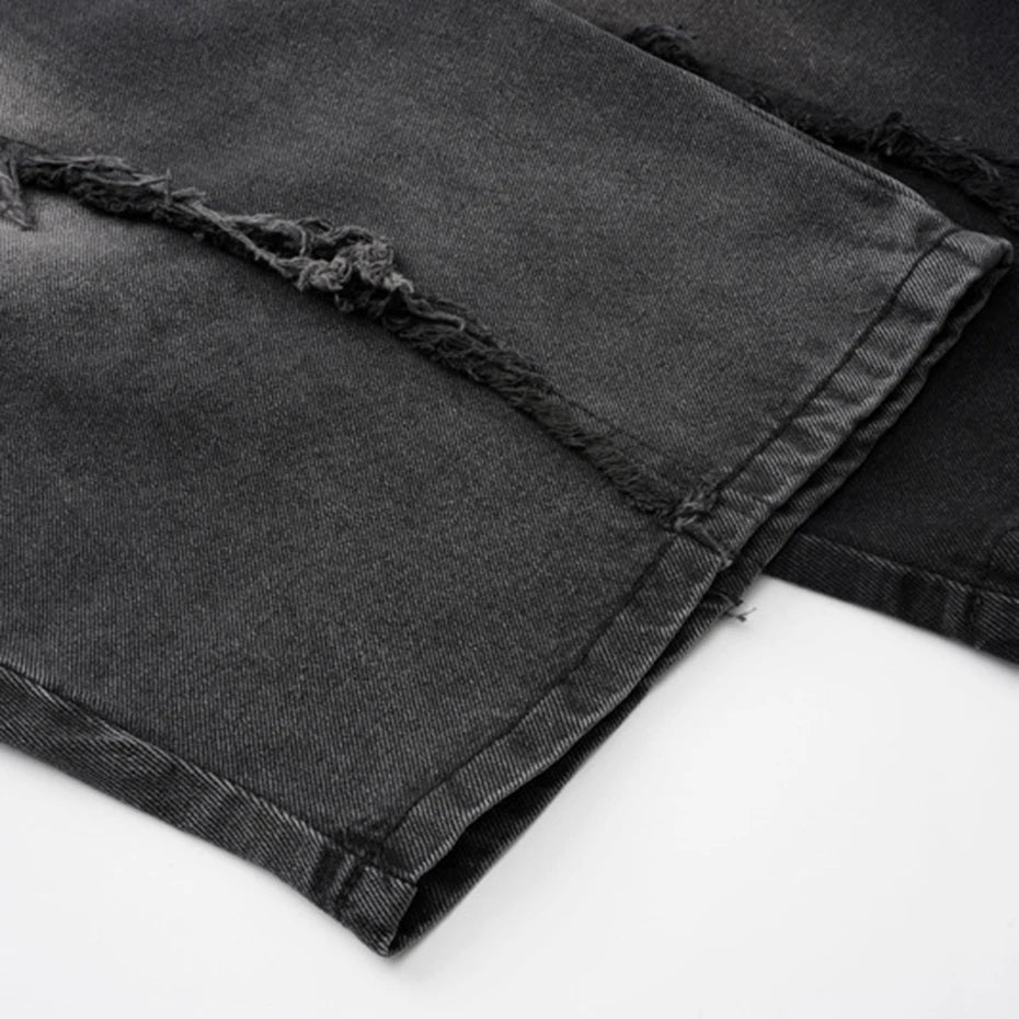 Black Distressed Wide-Leg Patchwork Jeans