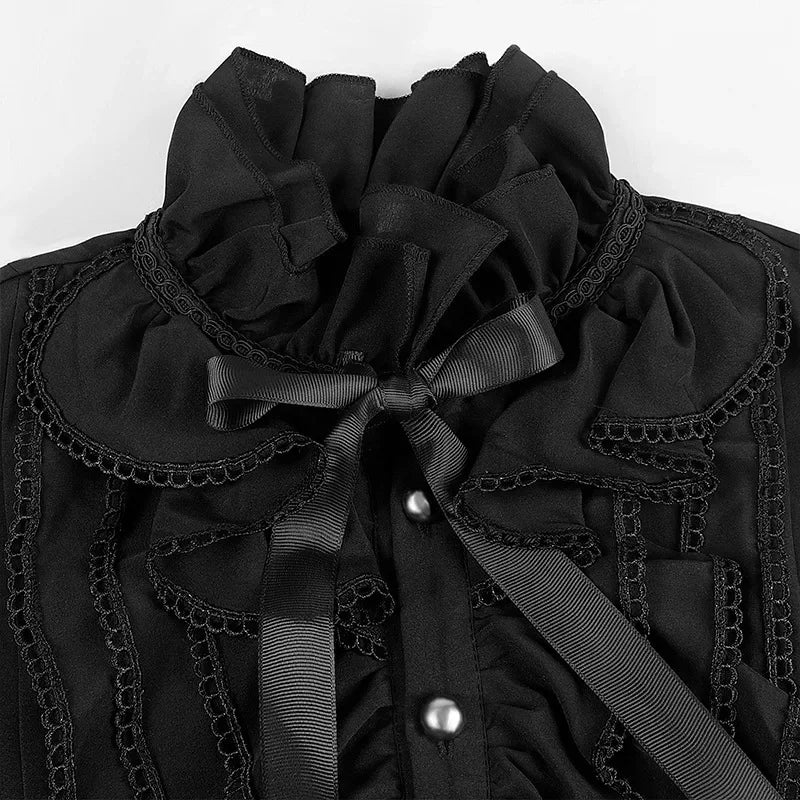 Victorian High-Neck Lace Jabot Blouse with Ruffle Collar